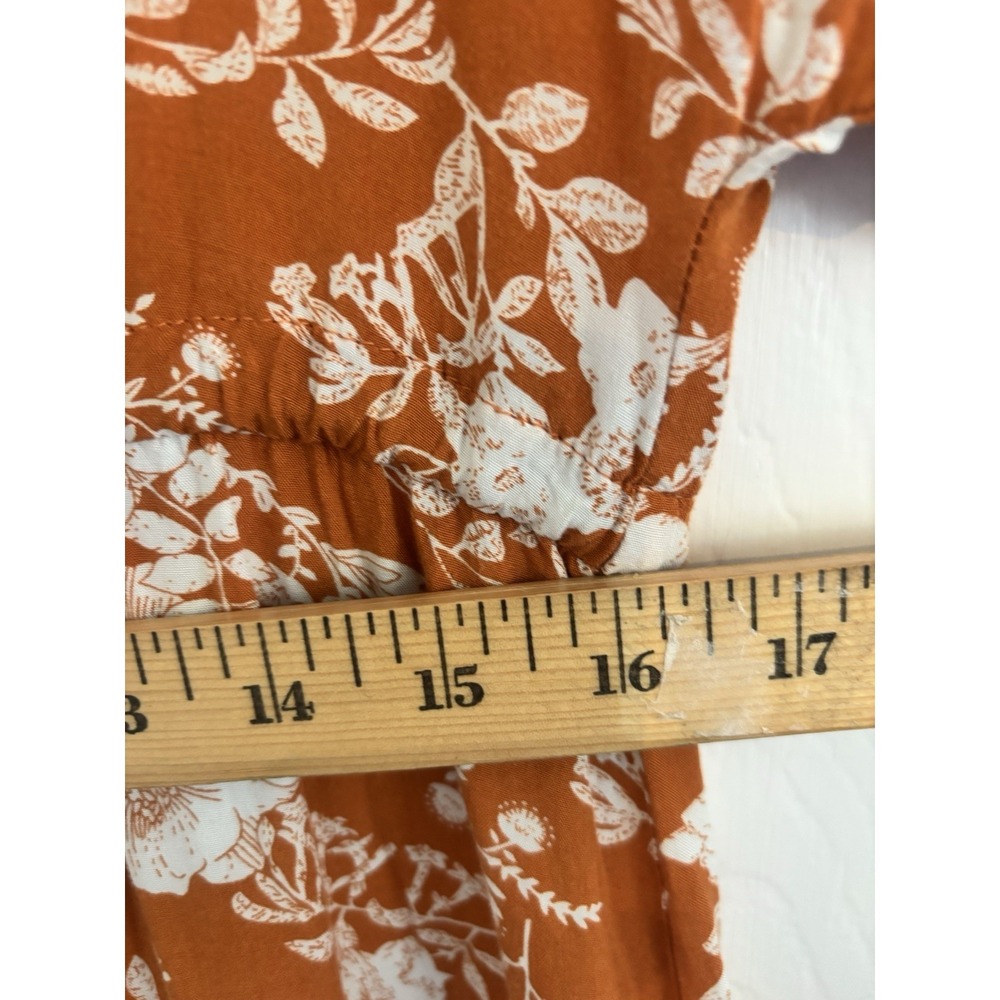 Floral Midi Dress M White Burnt Orange Boho Tiered V Neck Short Sleeve Tie Waist - Picture 9 of 11